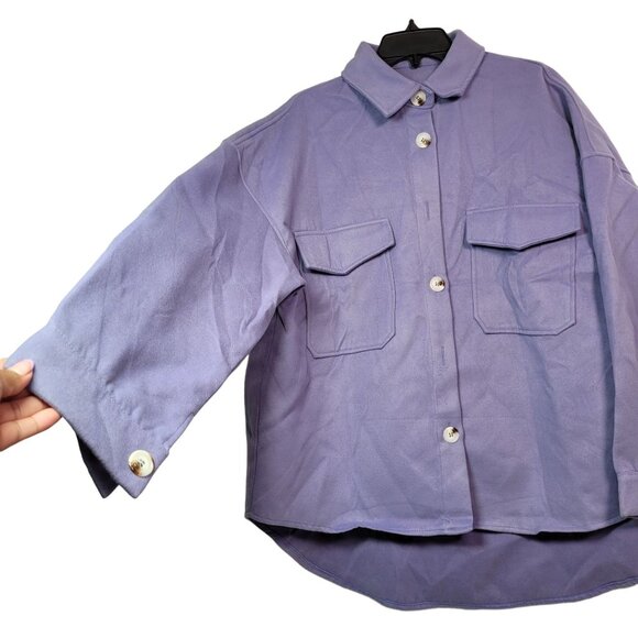Women Oversized Button-Up Shirt Jacket With Flap Pockets & Collared Neckline XXL - Picture 2 of 11